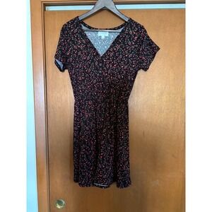 French Grey Floral Print Dress Short Sleeve‎ Casual Comfy Black Red M